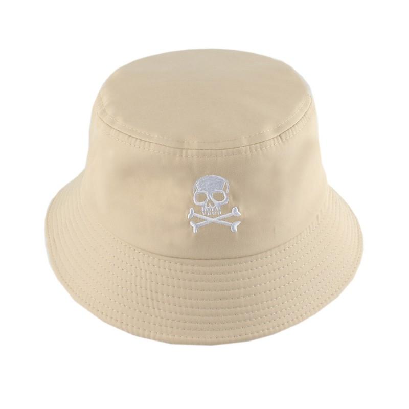 Unisex Skull Embroidery Bucket Hat Cotton Blend Wide Brim Streetwear Cap Winter
