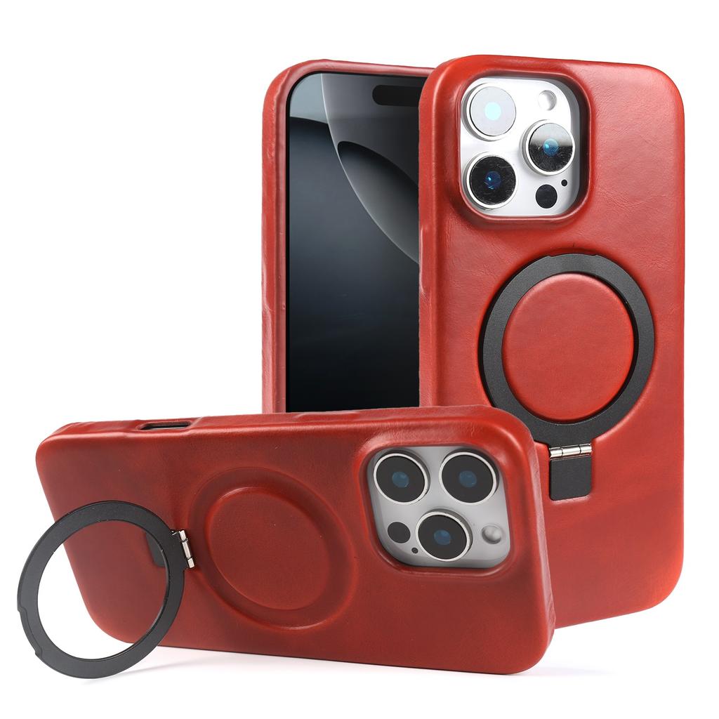 Stand Bracket Genuine Leather Case For iphone 16 Pro Max 16e 15pro 14 13 12 11 Full Wrapped Phone Cases Cover+Magnetic Holder