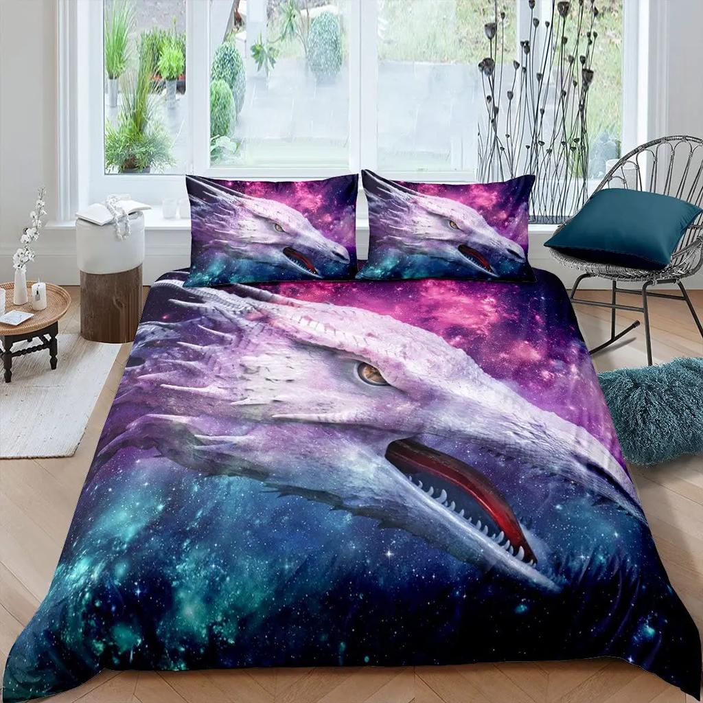 Galaxy Dragon King Queen Duvet Cover Outer Space Starry Sky Bedding Set Jungle Animals Quilt Cover Cartoon Black Comforter Cover