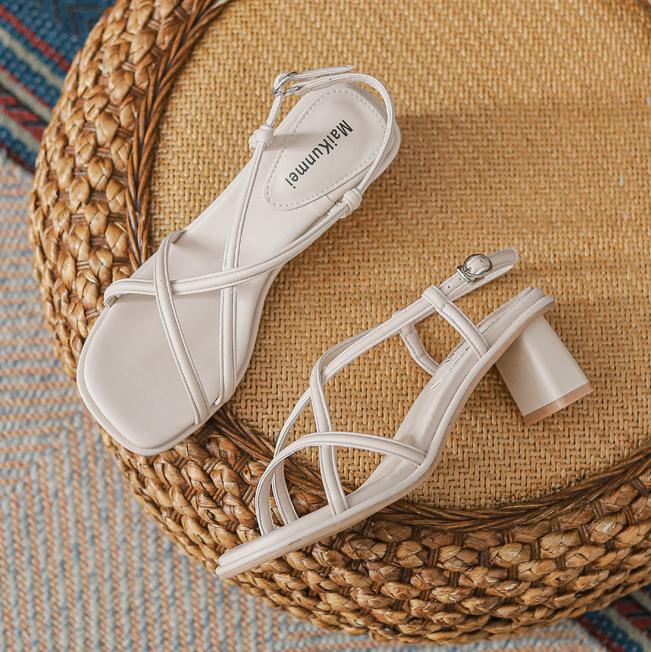 Fashion  designer narrow band women sandals thick high heels gladiator sandalias mujer soft leather zapatos de tacón mujer 2025