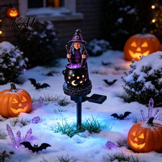 Outdoor Halloween Yard Ornaments Solar Witch Statue with Glowing Cauldron, Garden Light, Festive Patio Illumination Resin Decorative Figurine for Lawn