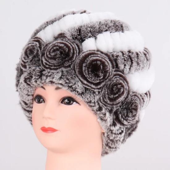 Hot Sale Winter Women Flower Striped Natural Real Fur Hats Lady Warm Knit Genuine Rex Rabbit Fur Caps Outdoor Fur Beanies Hats