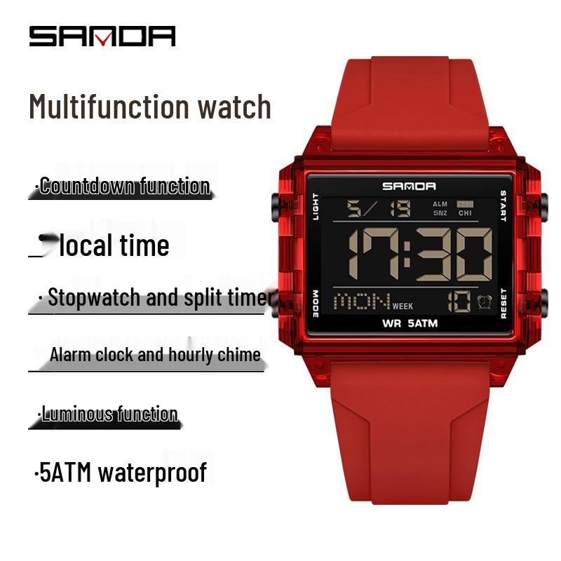 Sanda Waterproof Luminous Sports Watch: Square, Transparent Timer for Students