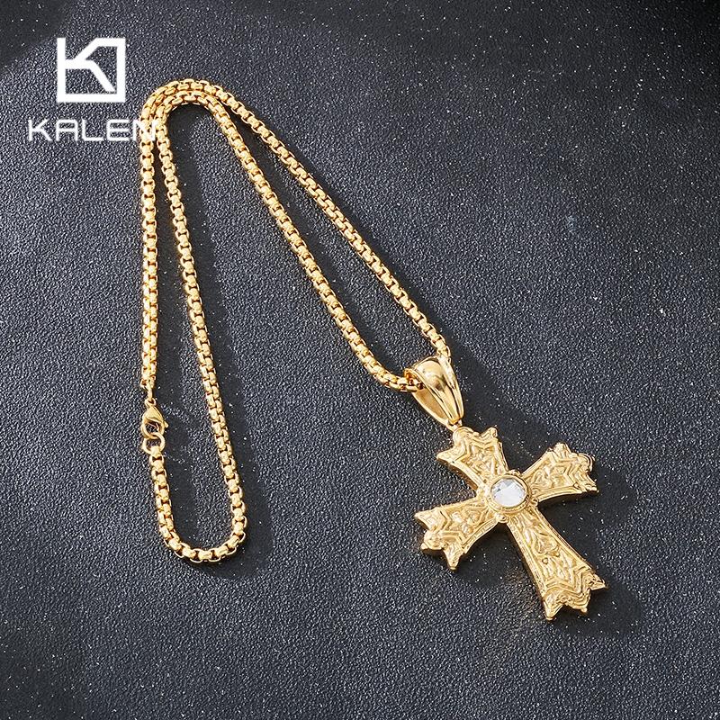 Hip Hop Rhinestone Cross Pendant Necklace for Men Vintage Stainless Steel Jewelry Gold Color O Chain Accessory Trendy Charm Gift
