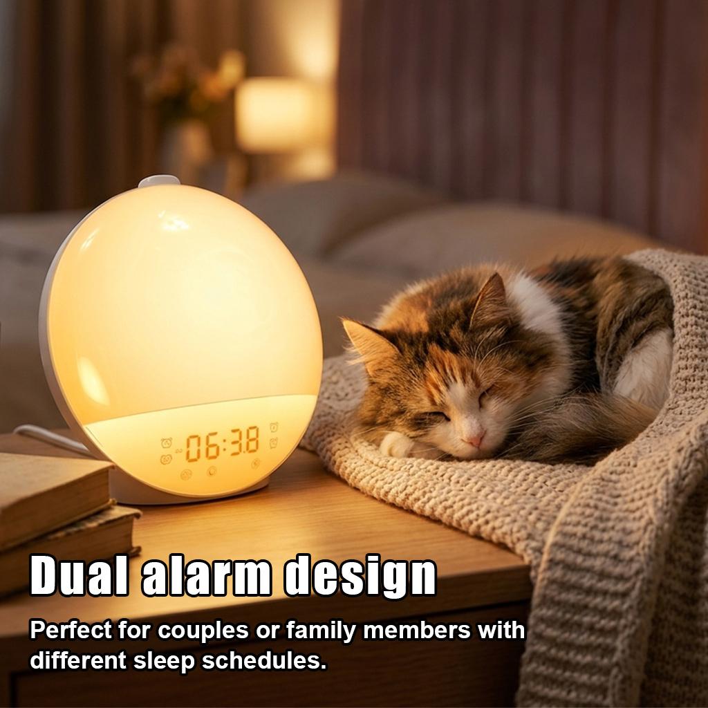 Sunrise Simulation Alarm Clock Wake Up Light 7 Natural Sounds 8 Sleep Music FM Radio Dual Alarms Snooze Colorful RGB Ambient Light