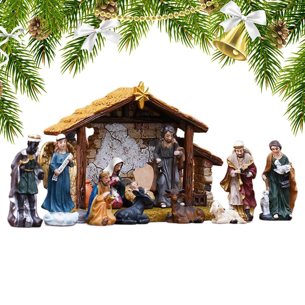 Nativity Set Resin Christmas Manger Religious Christmas Manger Nativity Figurine Set for Bookshelf Entryway Fireplace Windowsill