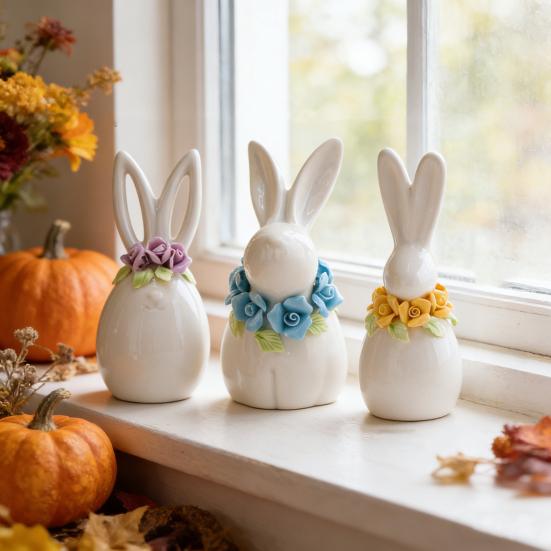 Påskkeramikkaninfigur Mini Blomma Kaninstaty Vår Påsk Hem Kontor Semesterfest Dekoration Prydnad