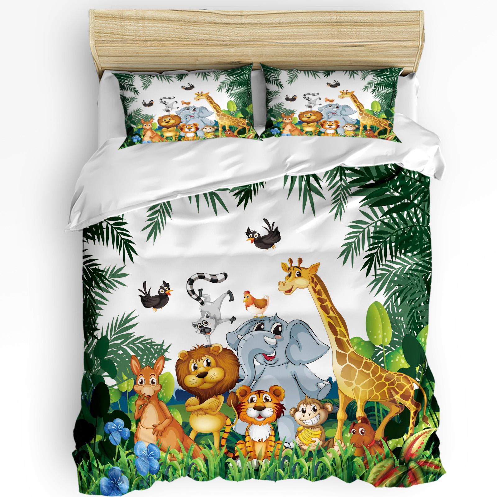 

Тропические джунгли Мультяшное животное Жираф Лев Слон Пододеяльник Наволочка Комплект постельного белья Покрывало Двуспальная кровать Домашний текстиль EU single(135x200cm)