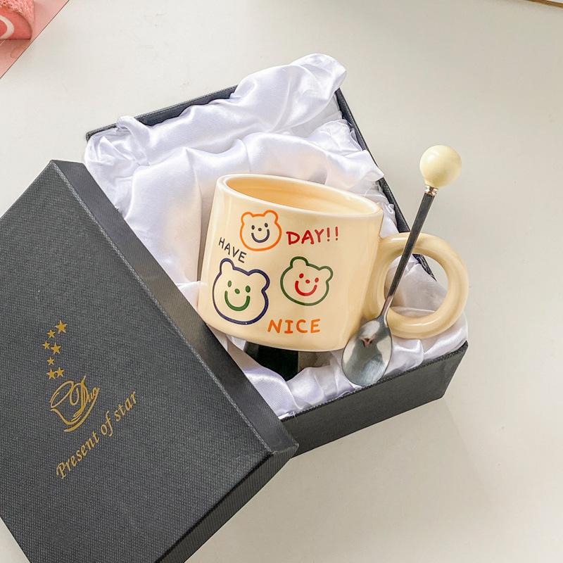 Bear Mug Girl with High Looking Ceramic Cup with Spoon Office Cute Coffee Milk Breakfast Cup