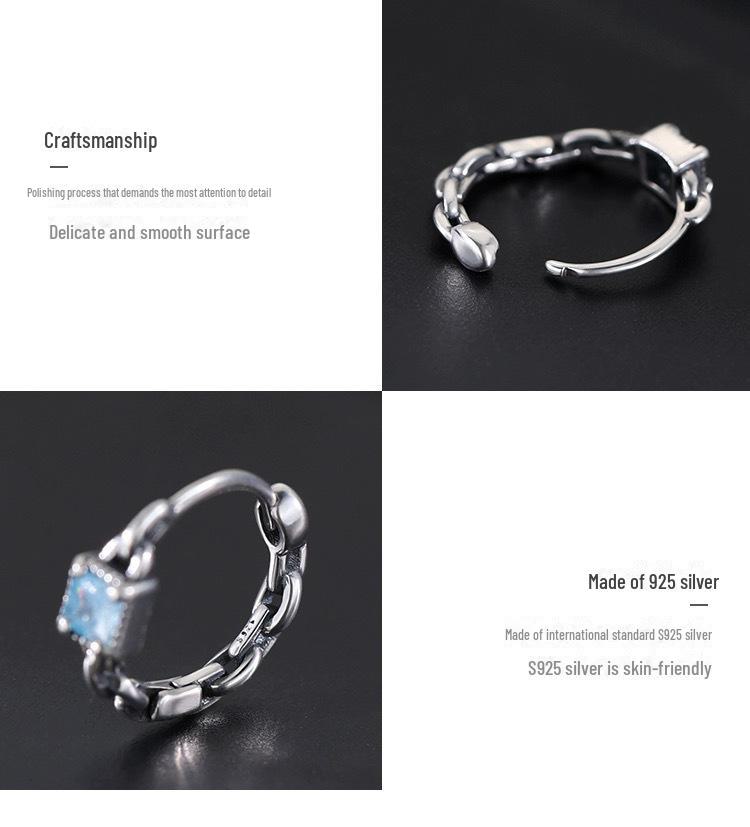 S925 Sterling Silver Sugar Cube Earrings with Personalized Blue Diamond Chain – Retro Distressed High-End Design