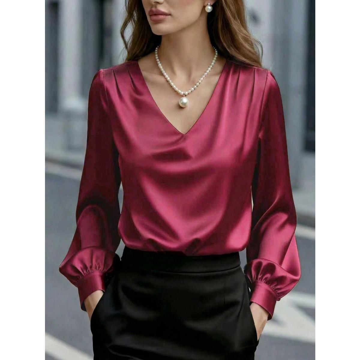 New Women s French Elegant Puff Sleeve V-neck Satin Long Sleeve Blouse S