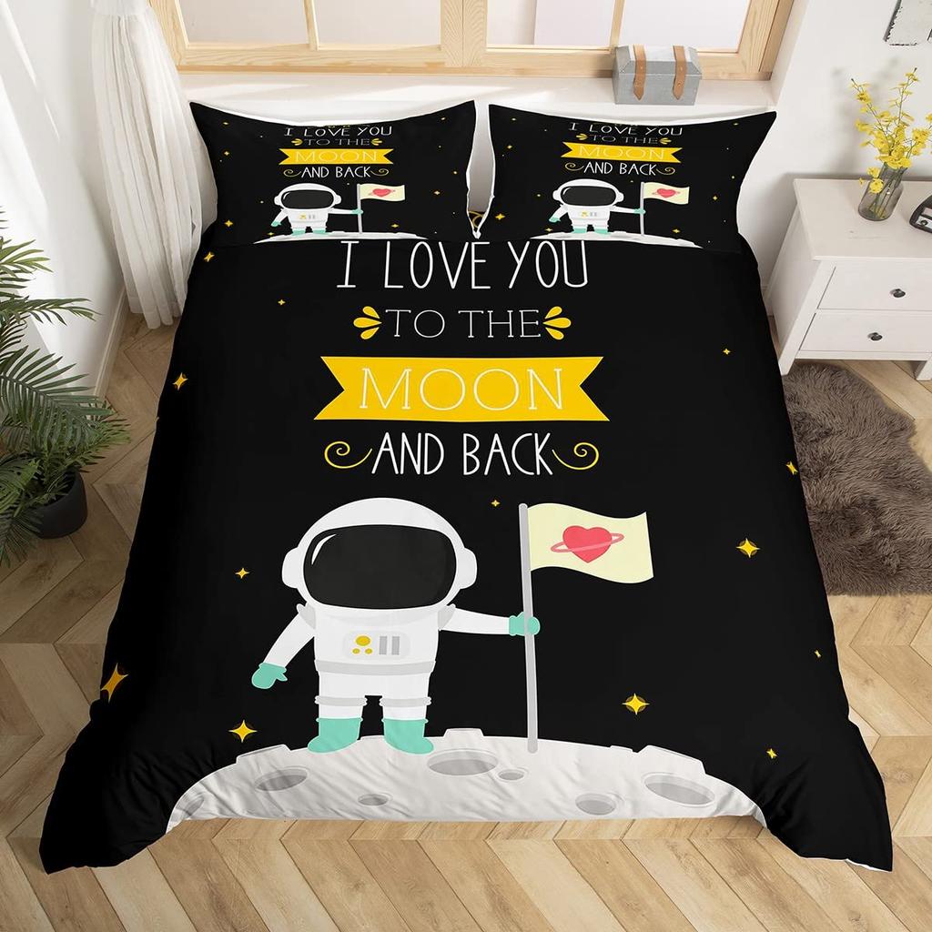 Child Cartoon Astronaut Duvet Cover Bedding Set King Size Boys Kids Galaxy Stars Out Space Soft Polyester Comforter Cover Black