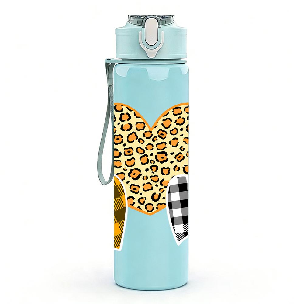 1PC Leopard Buffalo Plaid Heart Combo 750ml Color Plastic Sports Water Bottle Leakproof Flip Straw Lid Suitable for Sports Office Home Use