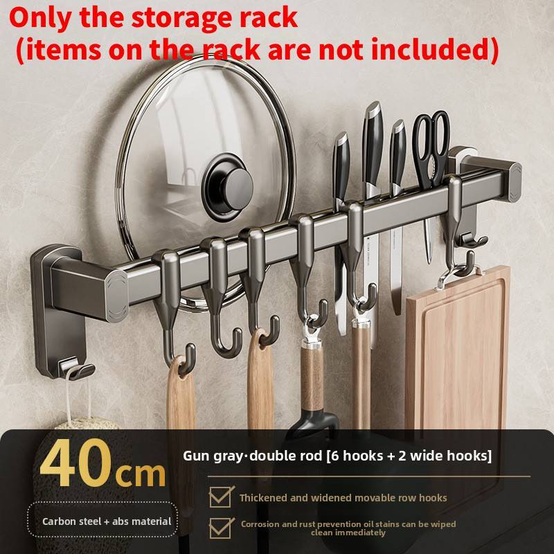 Kitchen Wall Mount Hooks And Double Rod Rack With Plastic And Carbon Steel For Home Organization
