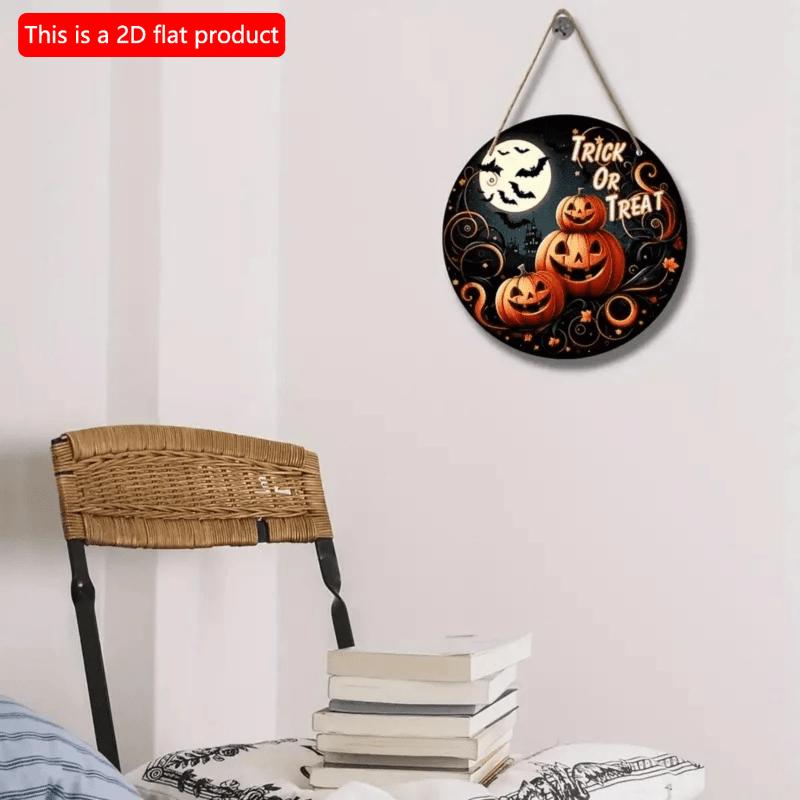 2d Flat 20*20cm, Halloween Home Decoration, Pumpkin "trick or Treat" Wooden Circular Logo Creative Decoration Board, for Home, Bar, Cafe, Garden Decor