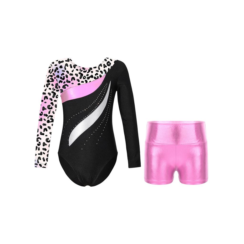 Girls Dance Set Long Sleeve Leotard Shiny Rhinestones Printed Patchwork Design Metallic High Waist Shorts