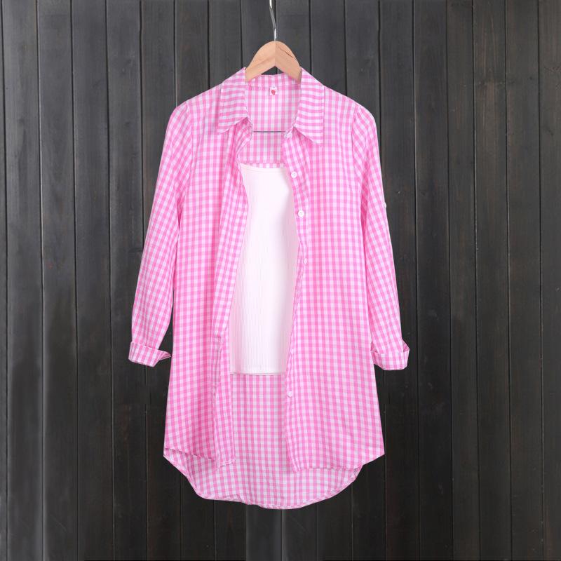Plaid shirt women's medium and long foreign style fashion design sense spring and autumn thin coat cardigan pure cotton shirt