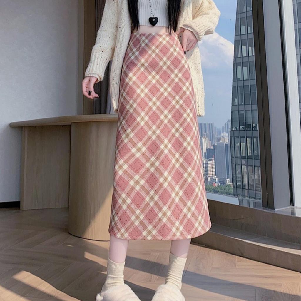Sweet & Spicy Pink Plaid High-Waisted Midi Skirt – Women's Slimming A-Line Wool Blend Skirt for Spring & Autumn