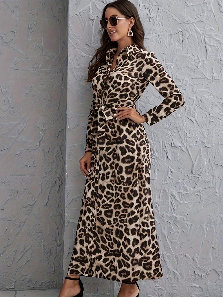 2026 Stylish Leopard Print Lapel Dress for Women with Belted Waist and Slit