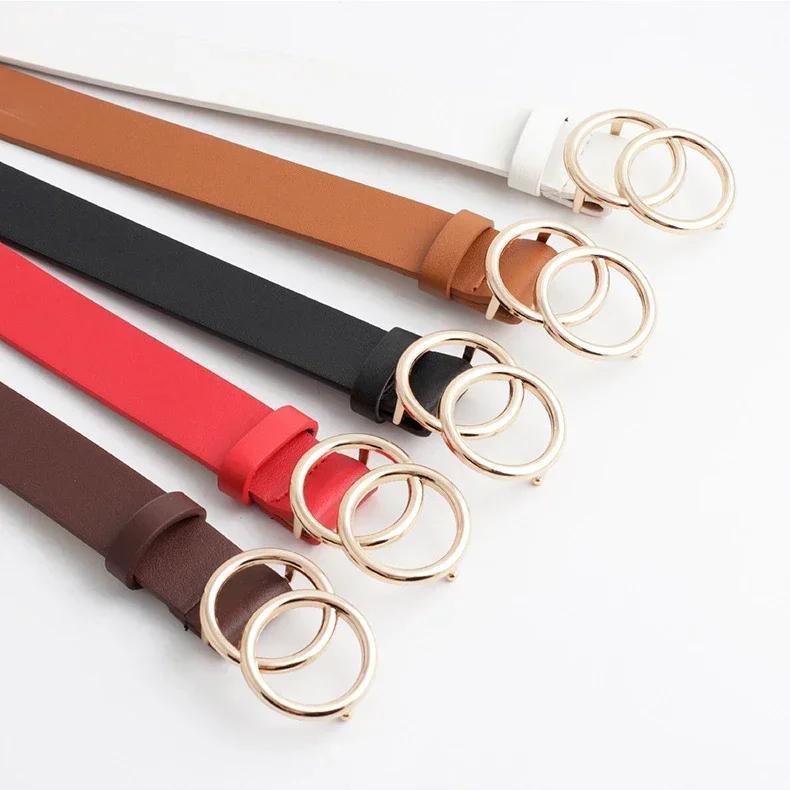 Big Double Ring Circle Metal Buckle Belt Women Fashion Wild Waistband Ladies Wide Leather Straps Belts for Leisure Dress Jeans