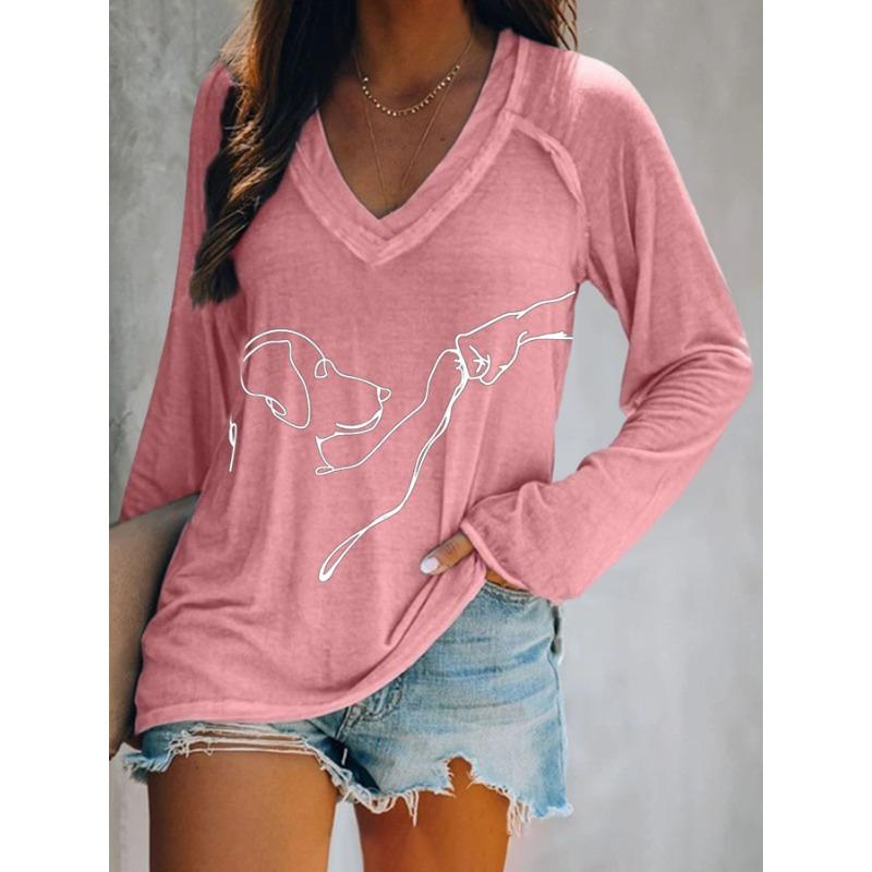 ilstile Women's Dog Print T-Shirts Summer Casual Loose Long Sleeve V Neck Tops White Black Blue Green T Shirt Hot Sale