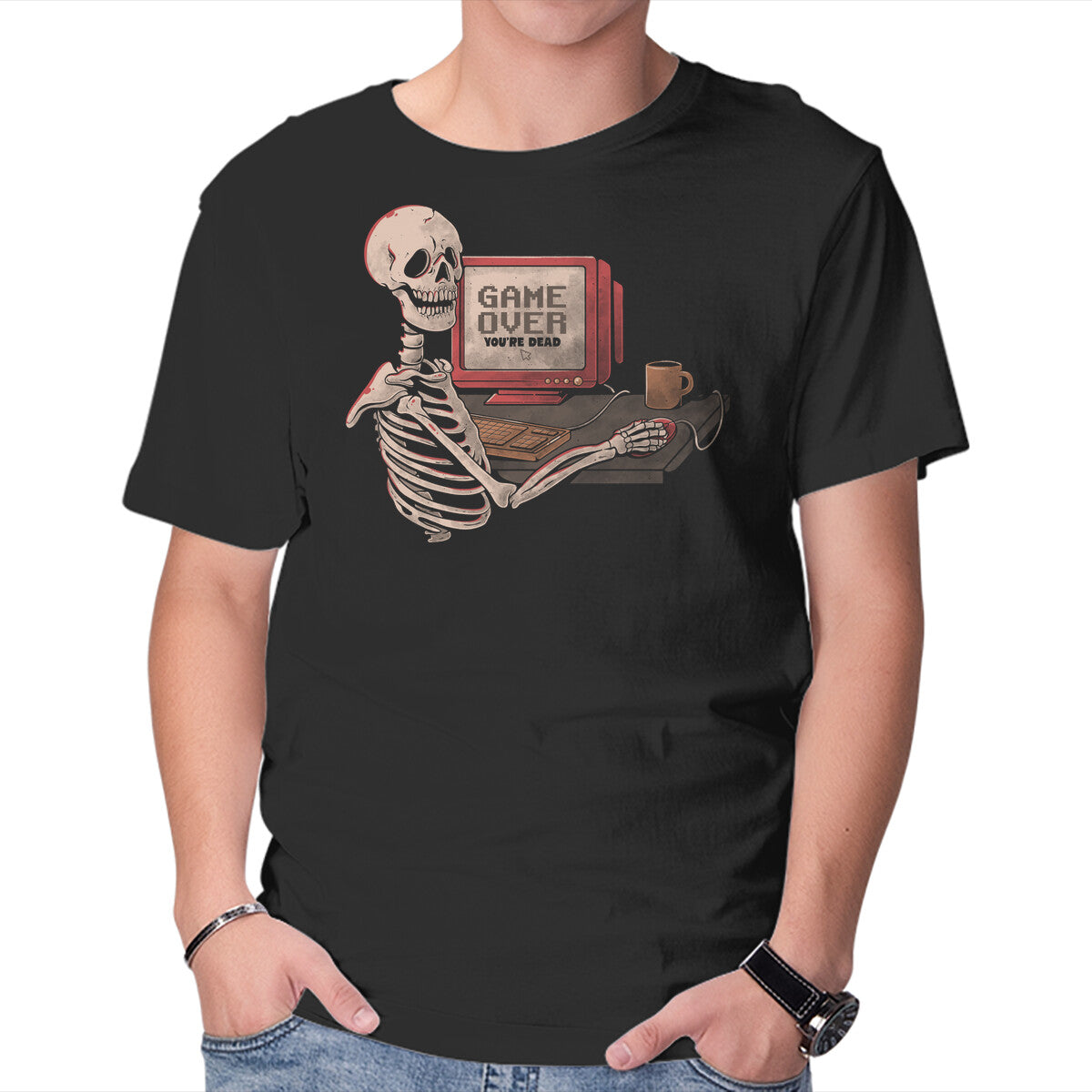 Unisex Crew Neck T-Shirt Game Over Skull Graphic Short Sleeve Casual Tee XXXL