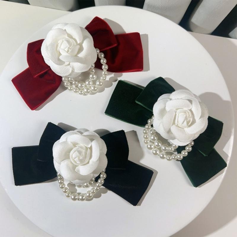 Camellia Flower Bow Corsage Brooch Pins Pearls Tassels Bowknot Collar Bow Tie