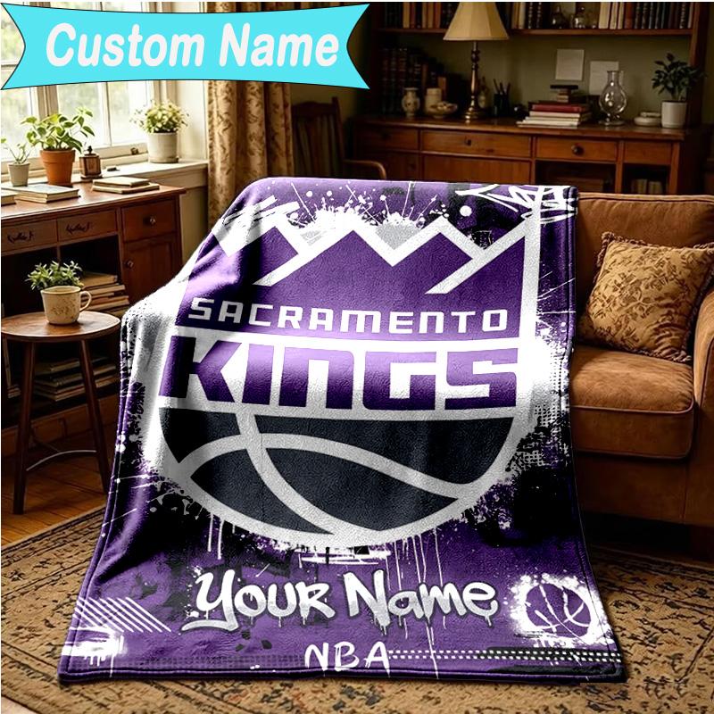1PC Custom Name Blanket Sacramento Basketball Logo Flannel blankets Patterns Throw Blanket All-Season Soft Gift for Couch, Bed, Camping, Birthday gift