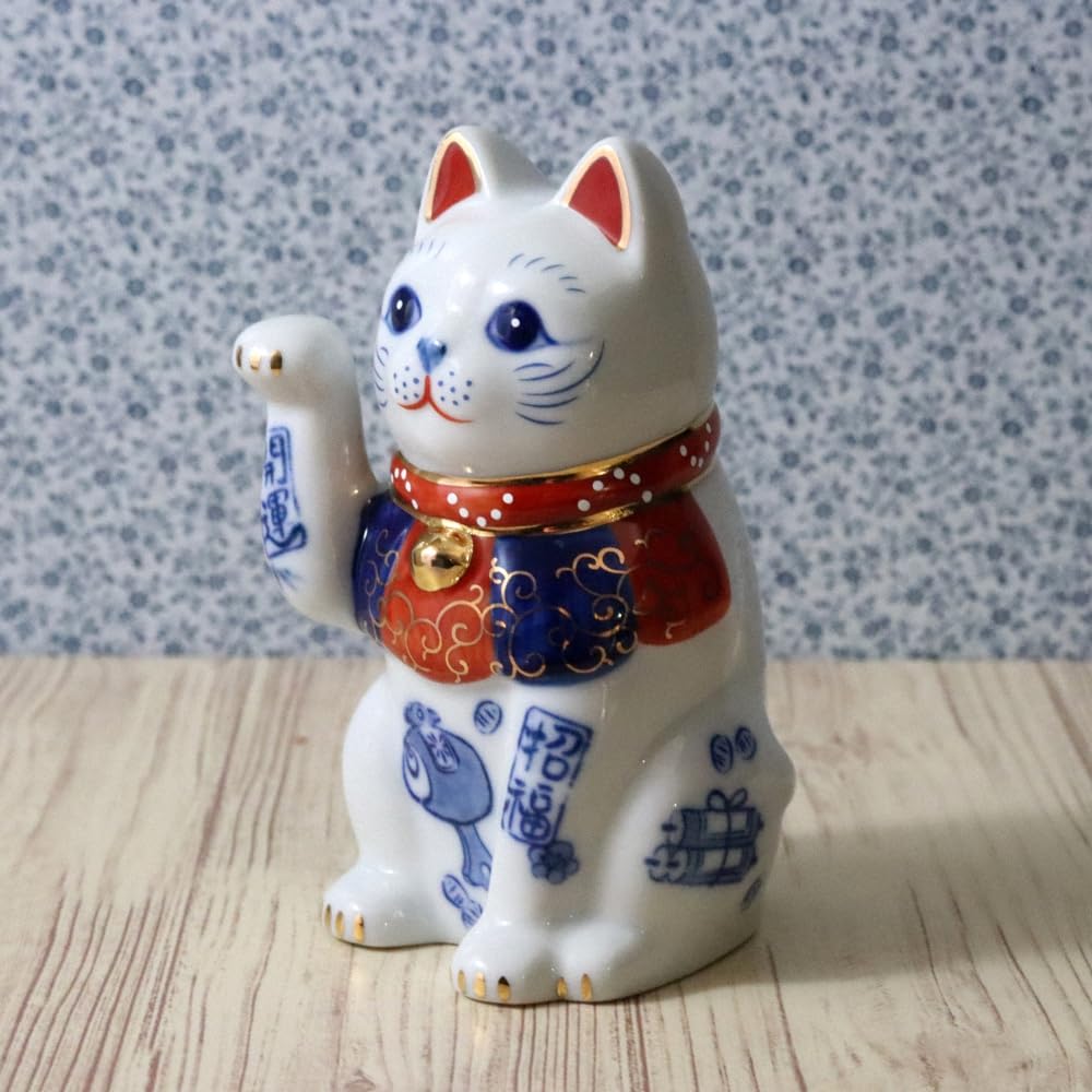 Yakushigama paw blue and white good fortune and prosperity good luck Maneki-neko (beckoning cat) (right raised, 3.5 inch), porcelain, (with sticker)