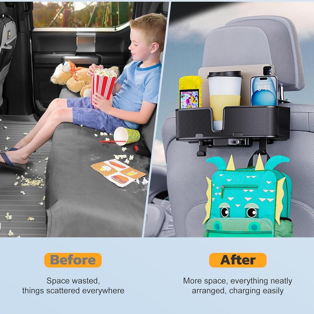 Car Headrest Cup Holder for Back Seat Organizer for Type-c/Lightning Retractable Charging Cables Multi- Hanging Snack Storage Box with Strong Hooks