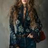Blouse longue évasée pour femme en velours à imprimé floral avec bordure en dentelle et manches longues