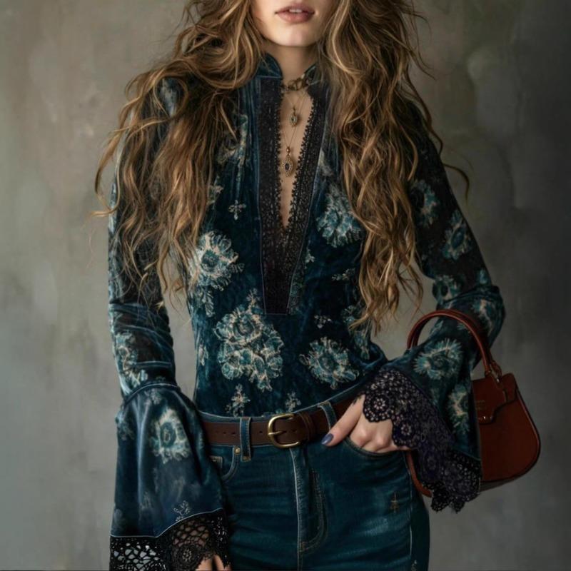 

Womens Velvet Floral Print Lace Trim Flare Long Sleeve Blouse S
