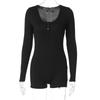 European American Style Ribbed Solid Color U Neck Buttoned Tight Sports Yoga One Piece Jumpsuit