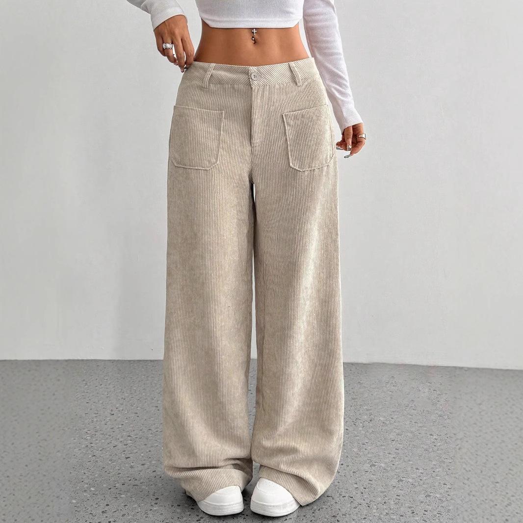 

High-Waisted Loose Wide-Leg Women s Pants with Pockets Large бежевий