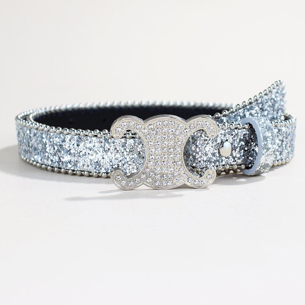 Casual Sequined Rhinestone Button Head Belt Women'S Jeans Skirt Accessories Personalized Belt