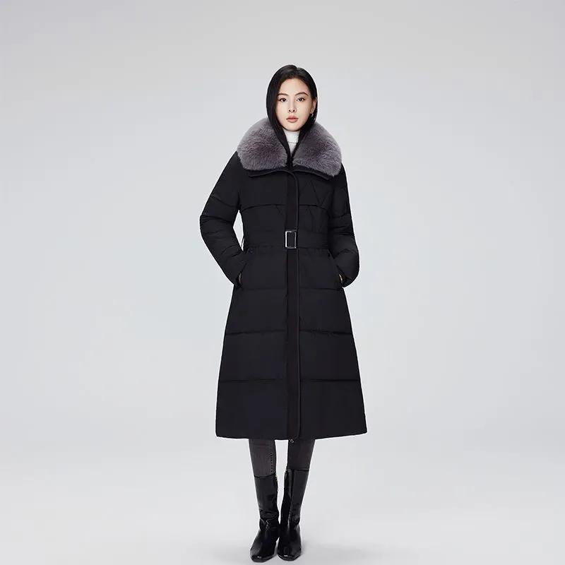 Modischer Winterparka Damen X-lang Baumwollgepolsterte Jacken Verdicken Warmer Mantel Streetwear Großer Pelzkragen Gürtel Schlanke Oberbekleidung