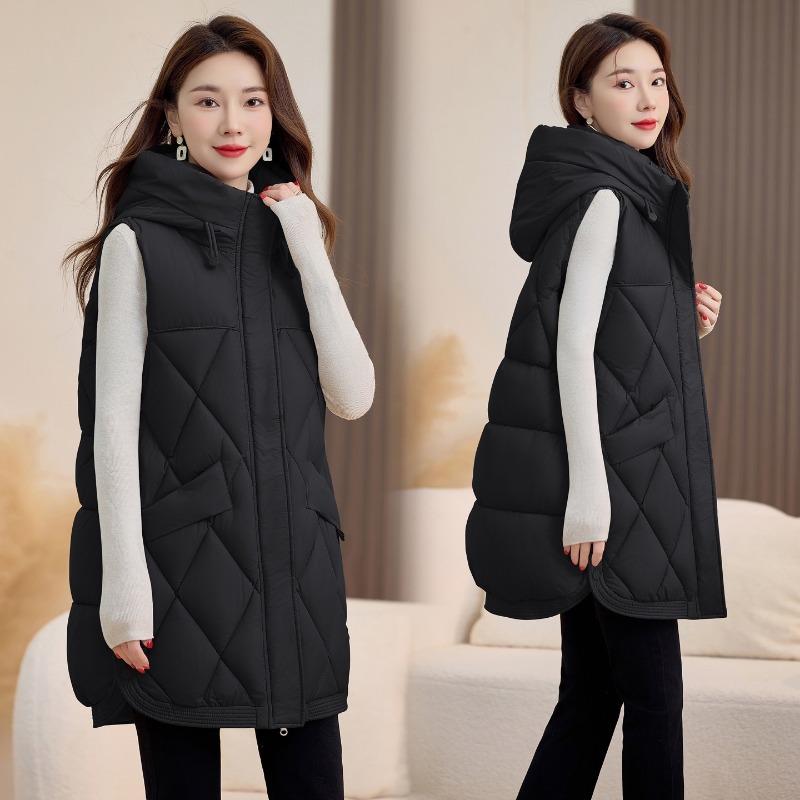 Rhombus Vest Women's Autumn and Winter New Thin Large Size Slim Hooded Vest Down Cotton Vest Women