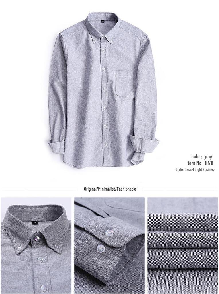 Men's Spring Cotton Oxford Long Sleeve Solid Color Shirt - Business Casual Slim Fit