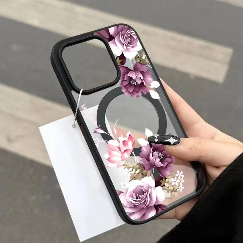 Lawendowo-Różowy Kwiatowy Wzór do Etui na Telefon z Ładowaniem Bezprzewodowym dla iPhone 17 16 15 14 12 13 Pro Max Plus Air 16E 11 Magnetyczne Pokrowiec