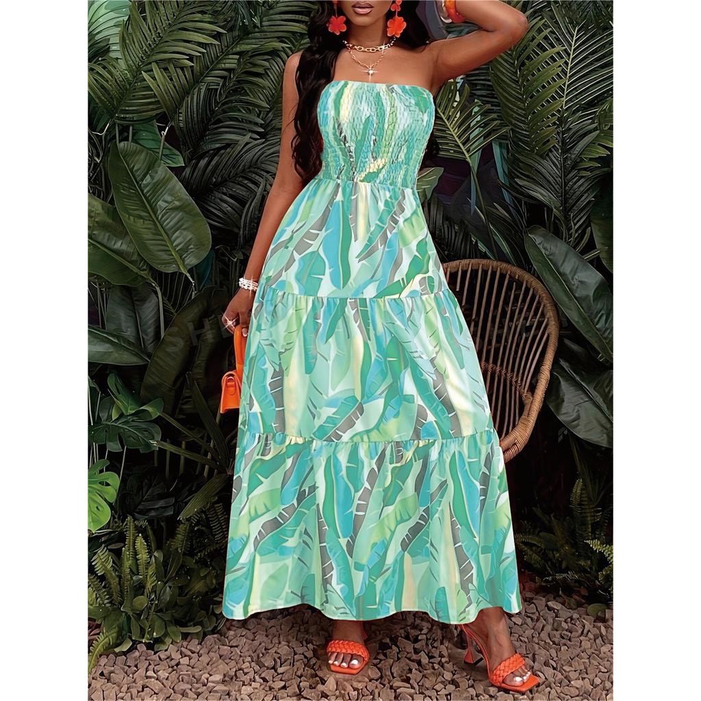 Women's sexy dress strapless elastic waist printed long dress