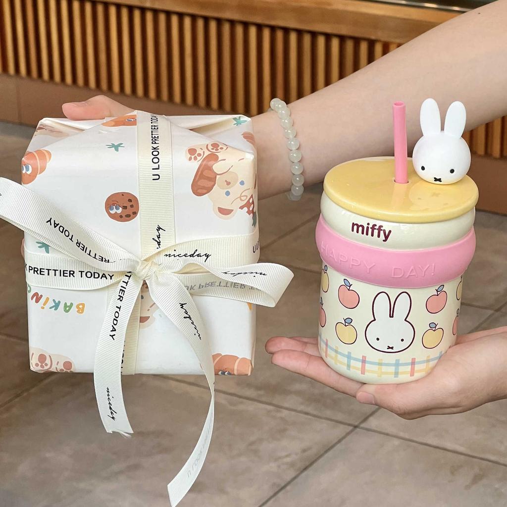 Dívčí narozeninové dárky, roztomilé keramické hrnky s víčky Králíček Miffy, dívčí brčka, suvenýry pro kamarádky