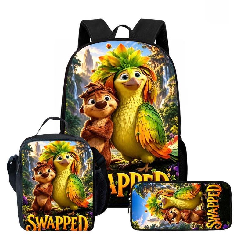 Kids Cartoon Backpack Lunch Bag Pencil Case 3-Piece Set With Fun Print Design School Use