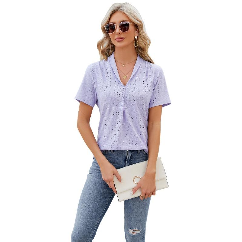 Women's Spring and Summer New, V-neck Jacquard, Loose Tops, Lapel Swallowtail, Short Sleeve T-shirt