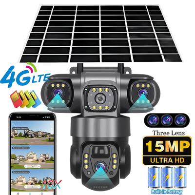 LS VISION מצלמת V380 3 עדשות 3 מסכים 4G 15MP 6K PTZ אבטחה CCTV מופעלת סולארית מצלמה חיצונית עמידה במים רשת אלחוטית מצלמת סולארית