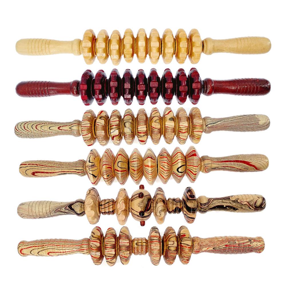 Tcare 6Pcs Wooden Workout Roller Nine Wheel Shaft Whole Body Area Massage Roller Pounded Waist Area Back Area Massage Neck Leg Wooden Massager