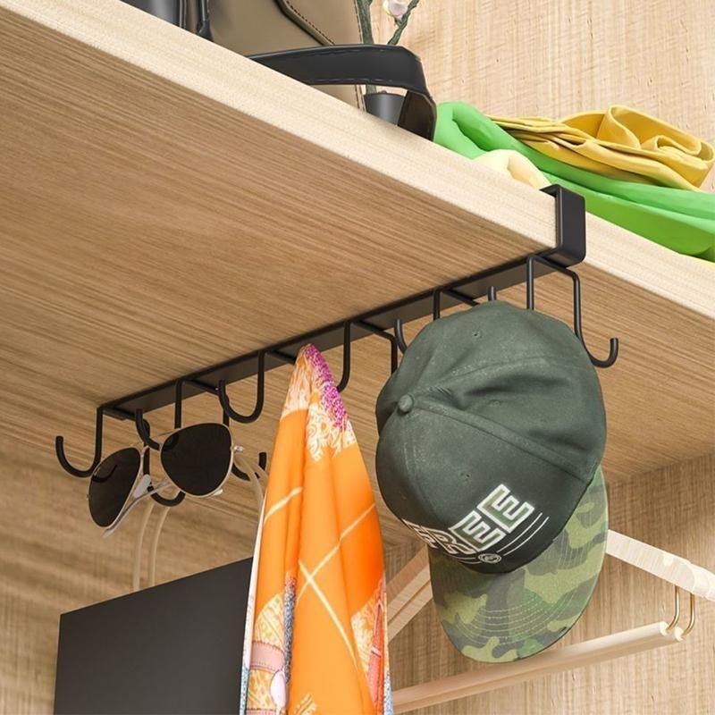 Multifunctional Double-Row Storage Hook Wardrobe Cabinet Metal Shelves Hanging Hooks Punch-Free Hanging Cup Holder Kitchen Tool