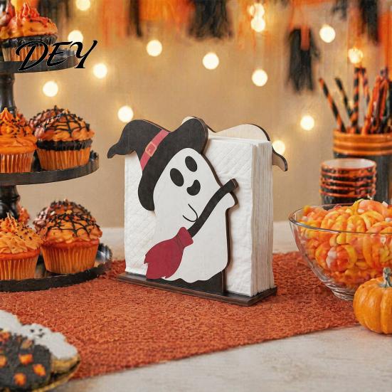 Decorative Napkin Dispenser Halloween Ghost Wooden Holder, Cute Paper Towel Holder Stand, Freestanding Tissue Organizer for Home Kitchen Restaurant