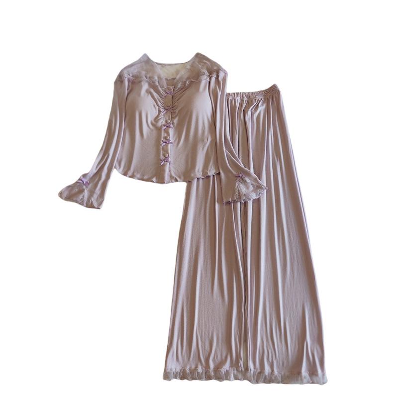 Damska piżama modalna z wkładkami na biust: Dwuczęściowy komplet do domu z długim rękawem i długimi spodniami na każdą porę roku