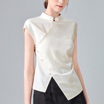 New Chinese Stand-up Collar Shirt for Women New Women's Irregular Hem Retro Slanted Button Waist Top