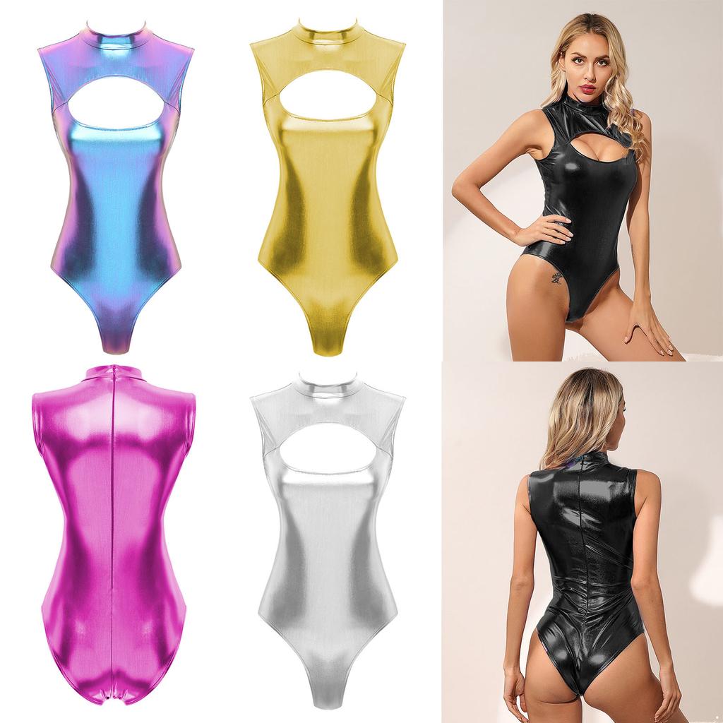 Catsuit Senza Maniche da Donna Body Metallico Collo Alto Taglio Frontale Zip Invisibile Posteriore Costume da Club